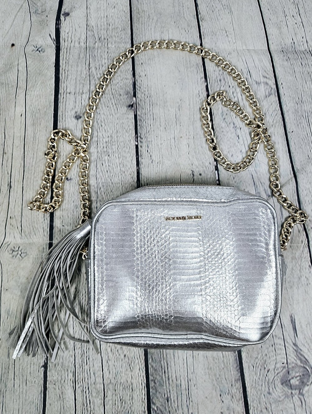 VICTORIA'S SECRET | metallic faux leather snakeskin chain strap crossbody purse